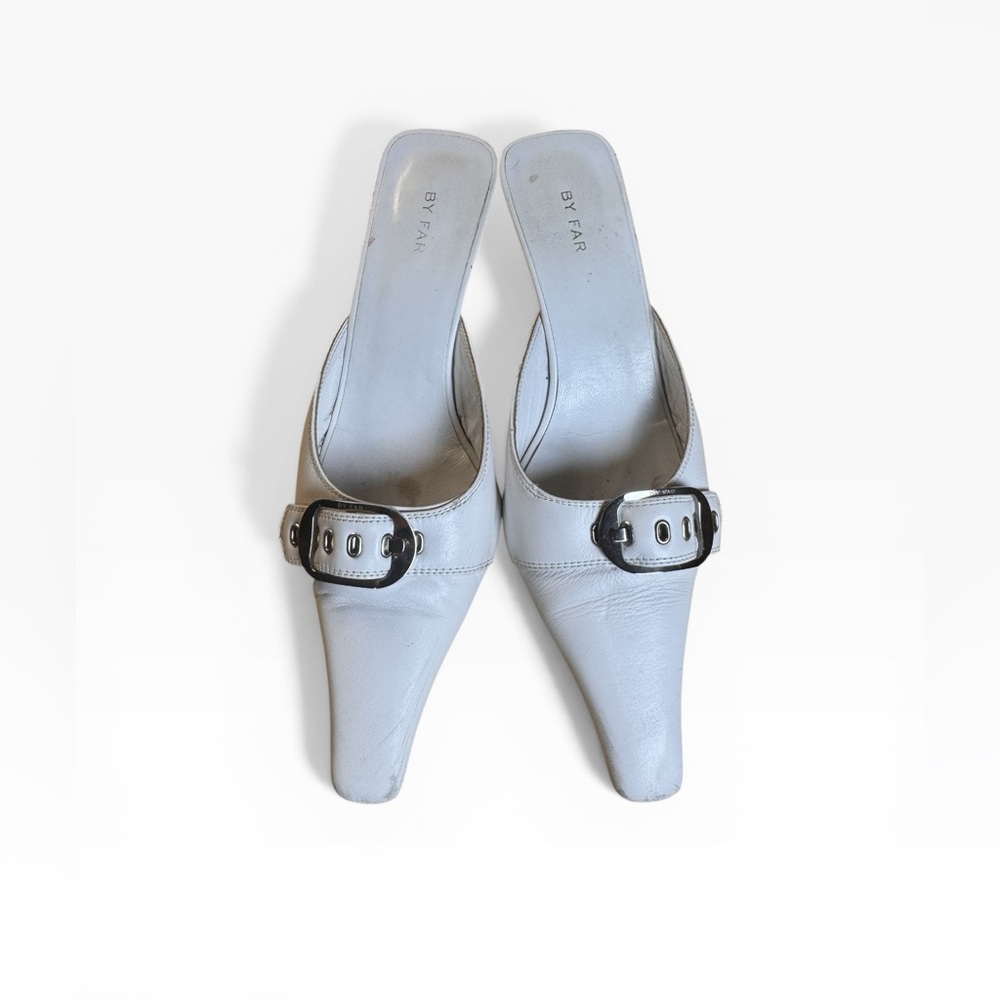 BY FAR White Leather Slip-On Mules with Buckle Size 38